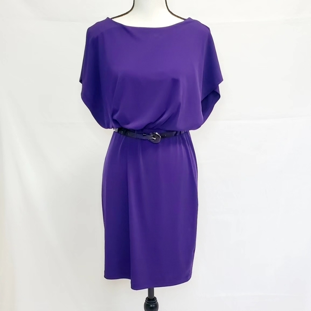 Enfocus Studio Solid Purple Batwing Sleeve Belted Dress w/ Keyhole Back